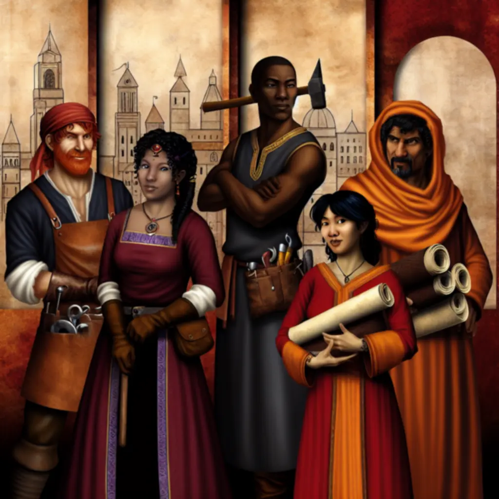 Bohaterowie i mistrzowie cechów z różnych frakcji miasta