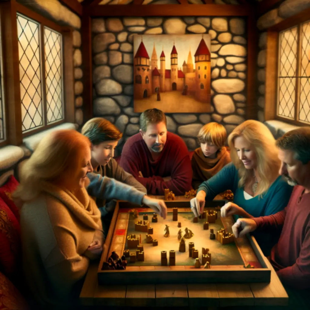 Rodzinna rozgrywka w strategiczną grę planszową w średniowiecznym klimacie