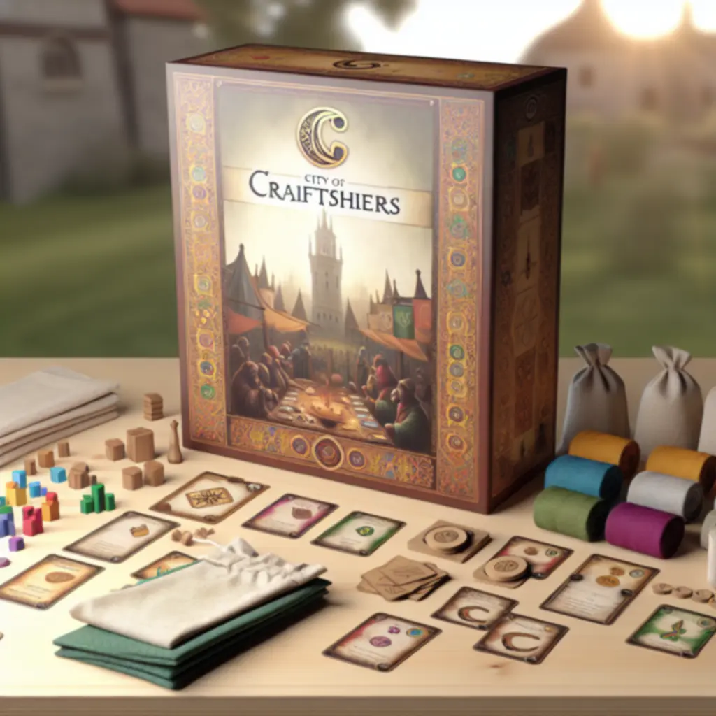 Pudełko gry planszowej Miasto Rzemieślników i elementy zestawu