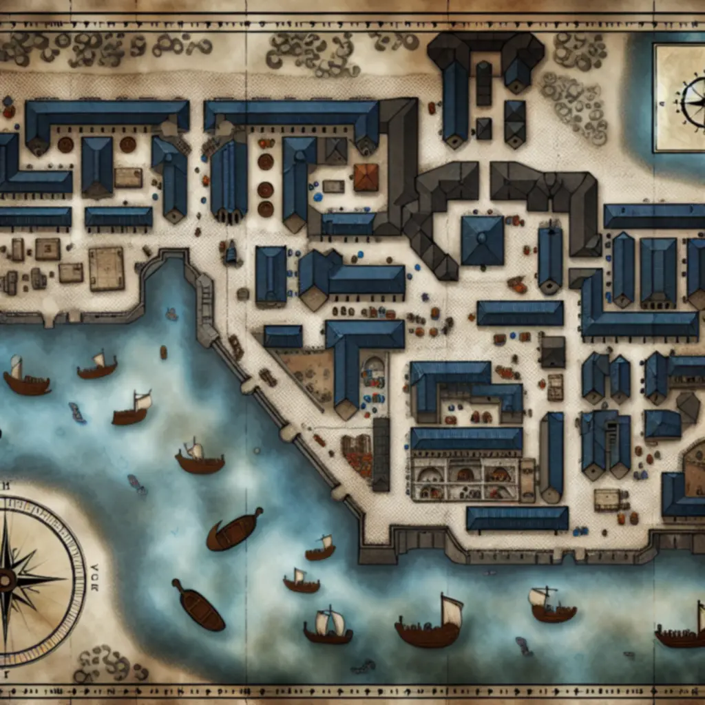 Mapa świata z zaznaczonym rynkiem, kanałami i dzielnicami rzemieślniczymi